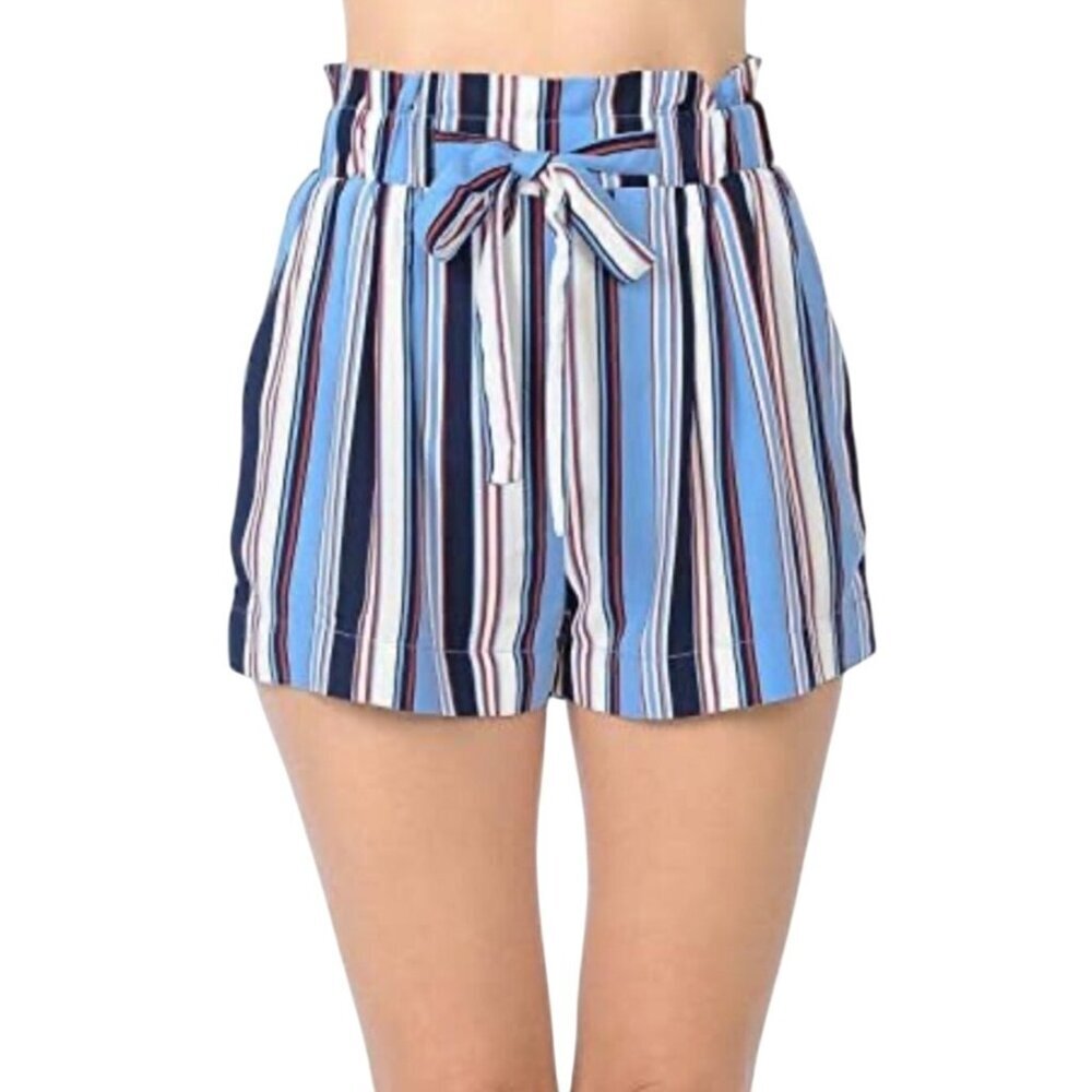Ambiance Appearl Womens 3X Blue Striped Paper Bag Shorts Drawstring Pockets